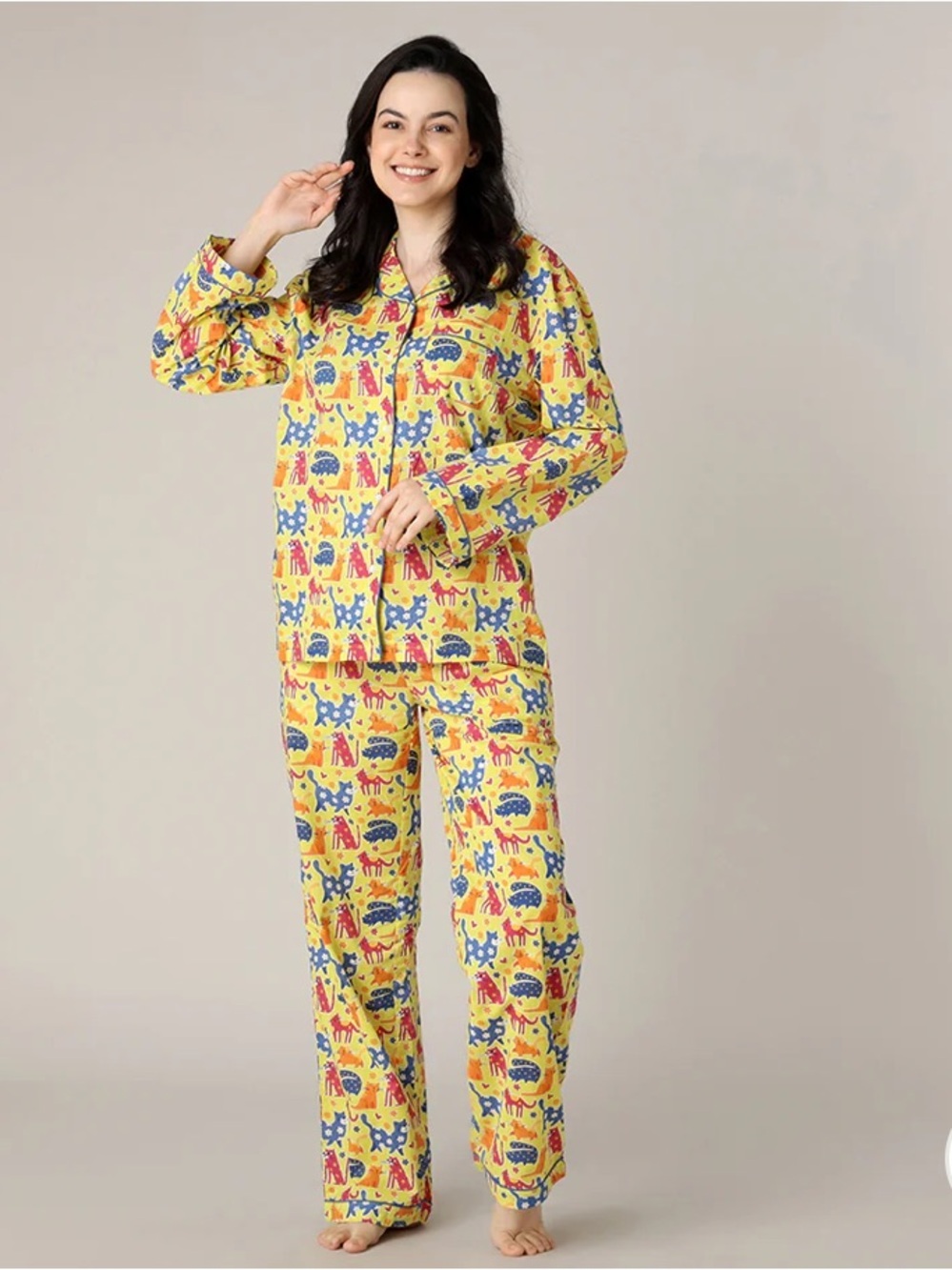 Mahogany Floral Pajama Set Cat Lovers Cotton Button Down Long Sleeve Pants Small